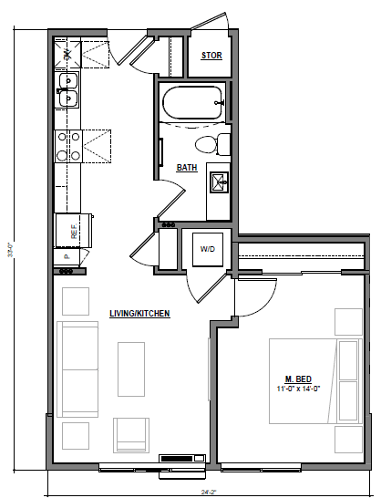 Floor plan for 1 bed, 1 bath, 645 sqft